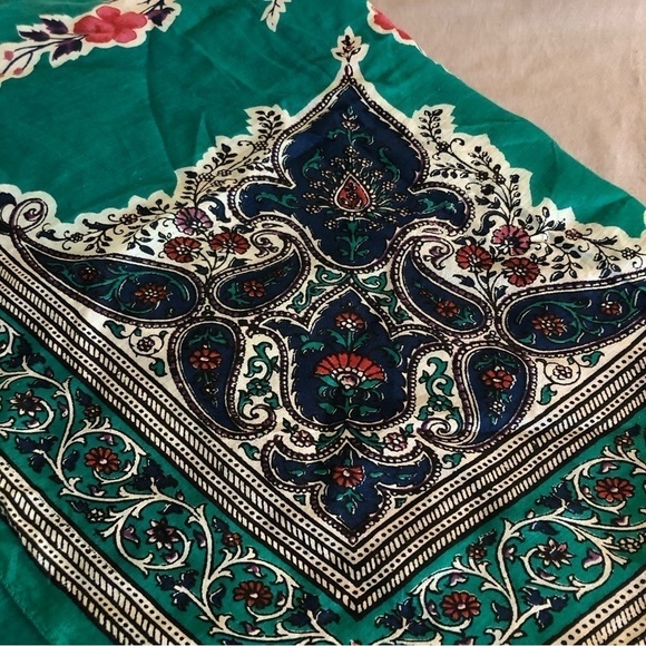 WRAP/SCARF. Floral. Green with pink flowers and jewel tone paisley edge OS - Picture 5 of 6